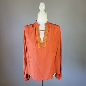 WINTER KATE // silk burnt orange gold embroidery plunge mandarin collar top